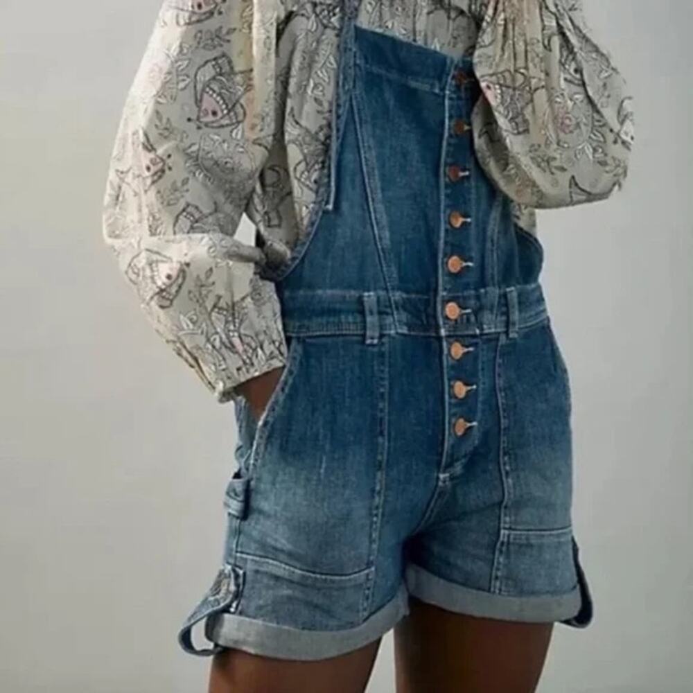 Anthropologie Denim Blue Button-Front Short Overalls